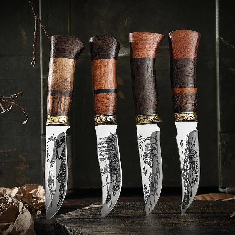 Outdoor Totem Small Straight Knife Carved Handle for BBQ & Camping