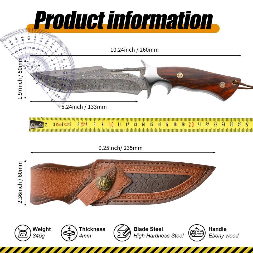 Large Handmade Damascus Fixed Blade Knife with Wood Handle & Sheath