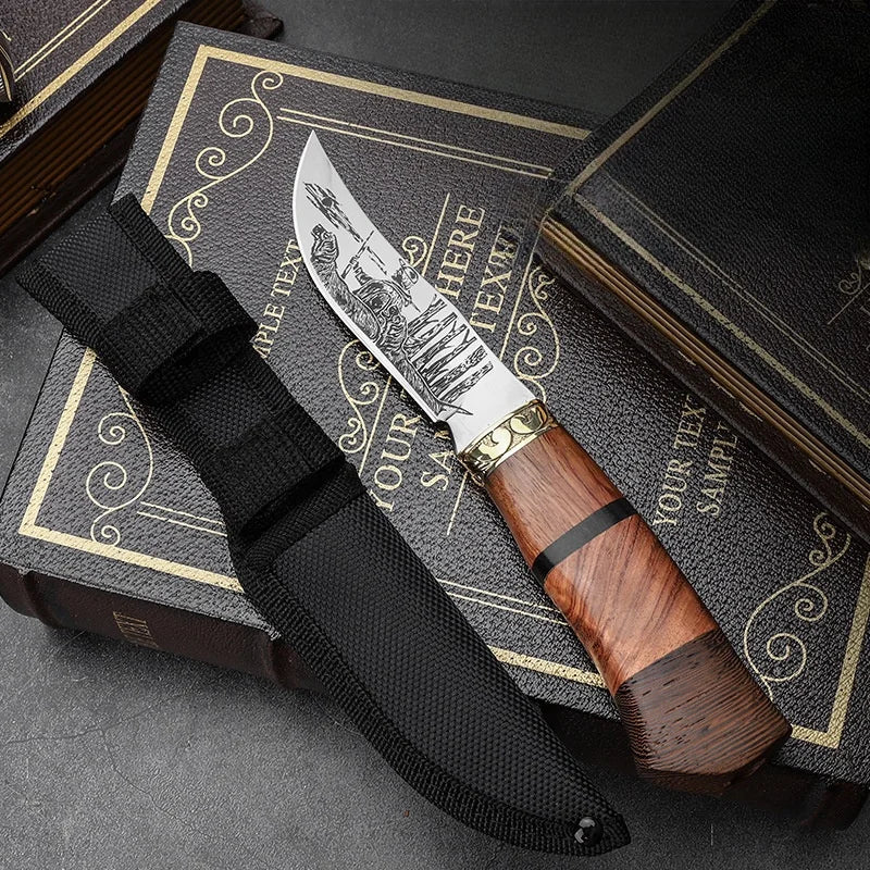 Outdoor Totem Small Straight Knife Carved Handle for BBQ & Camping