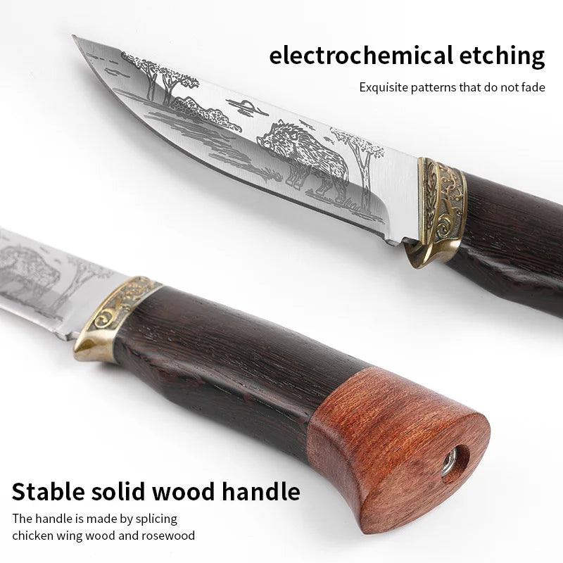 Outdoor Totem Small Straight Knife Carved Handle for BBQ & Camping