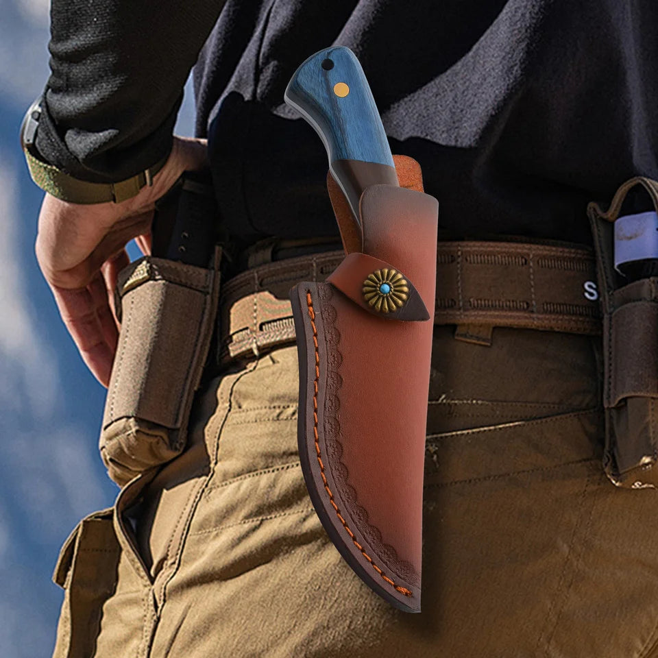 Damascus Forged Straight Knife with Leather Sheath Outdoor Multi Tool