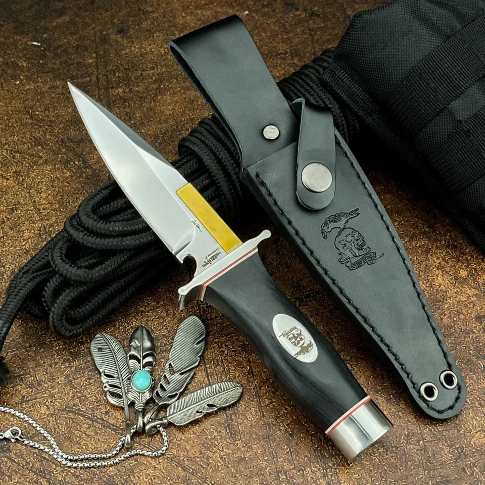 Small Survival Fixed Blade Knife 9Cr13Mov, Ebony Handle, Portable with Sheath