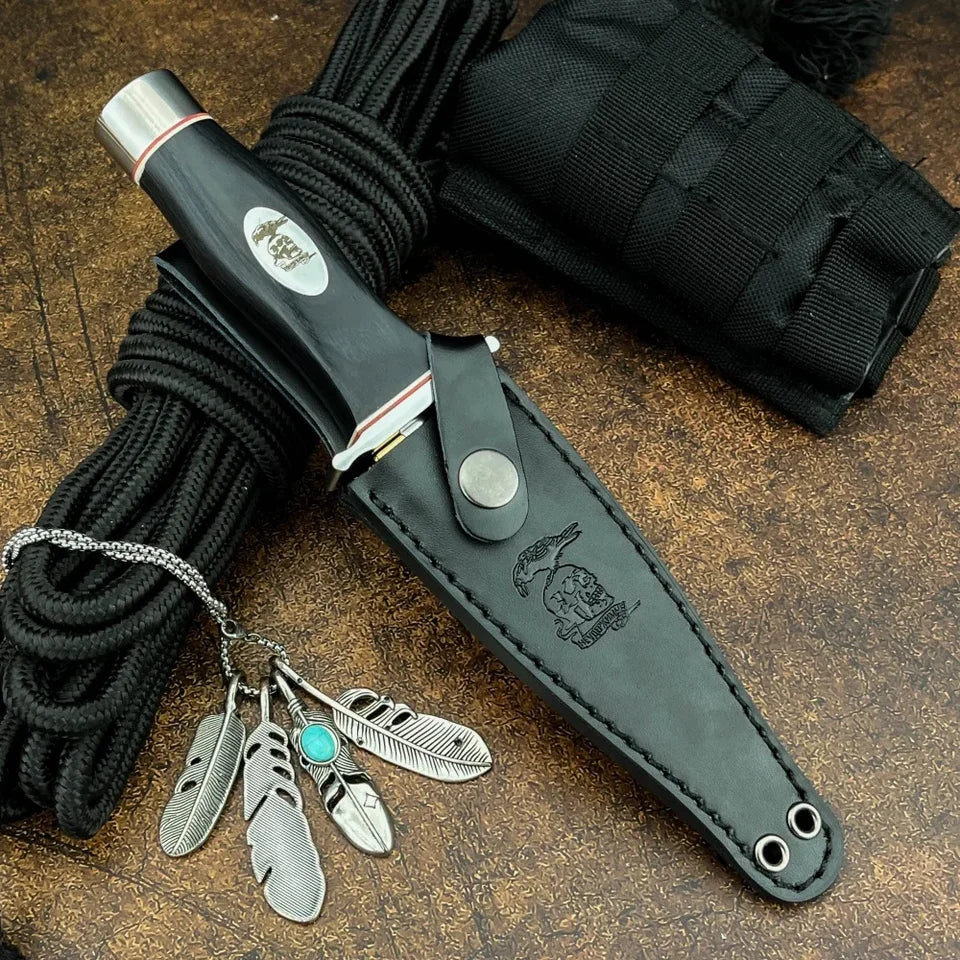 Small Survival Fixed Blade Knife 9Cr13Mov, Ebony Handle, Portable with Sheath