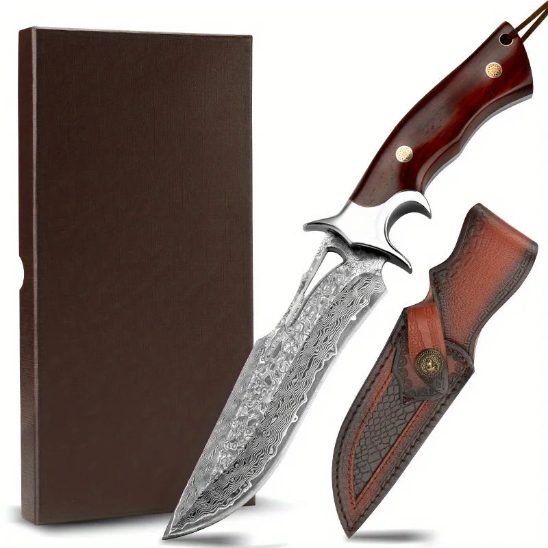 Large Handmade Damascus Fixed Blade Knife with Wood Handle & Sheath