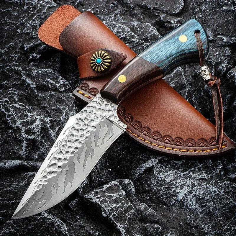 Damascus Forged Straight Knife with Leather Sheath Outdoor Multi Tool