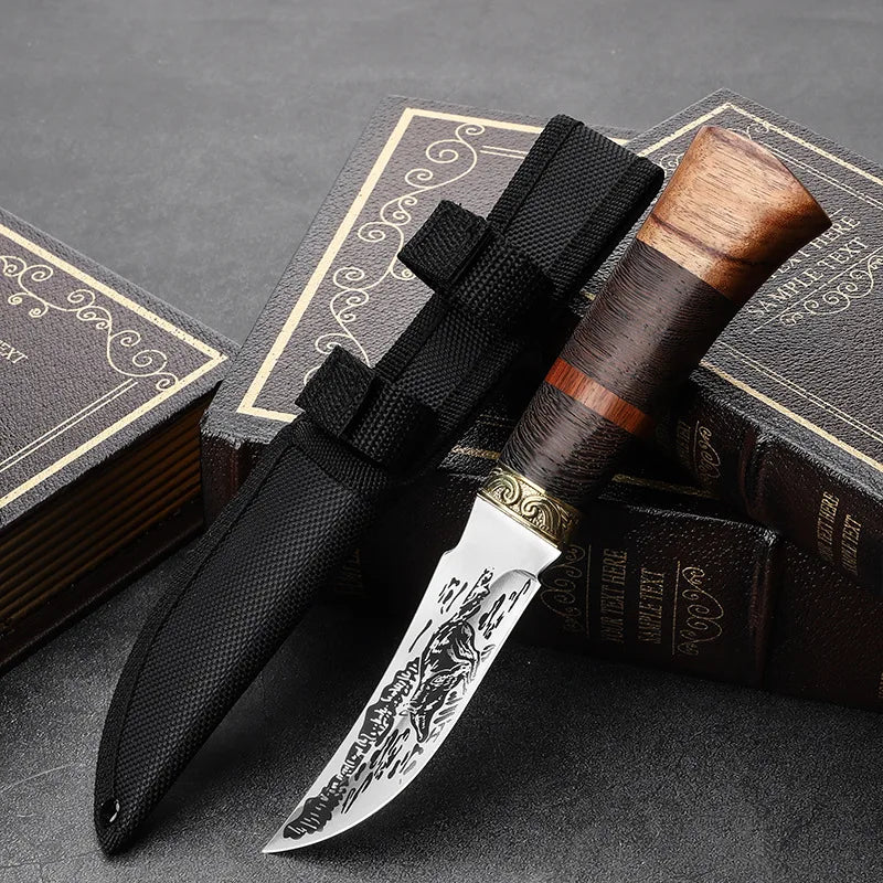 Outdoor Totem Small Straight Knife Carved Handle for BBQ & Camping