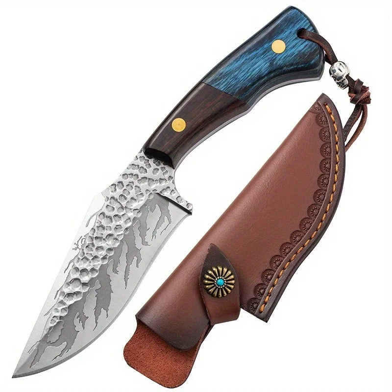 Damascus Forged Straight Knife with Leather Sheath Outdoor Multi Tool