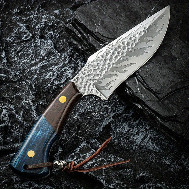 Damascus Forged Straight Knife with Leather Sheath Outdoor Multi Tool