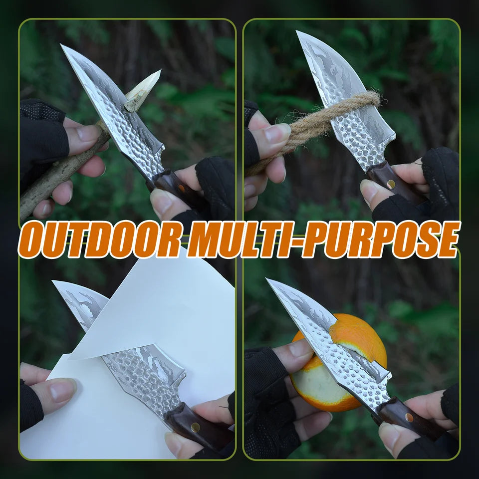 Damascus Forged Straight Knife with Leather Sheath Outdoor Multi Tool