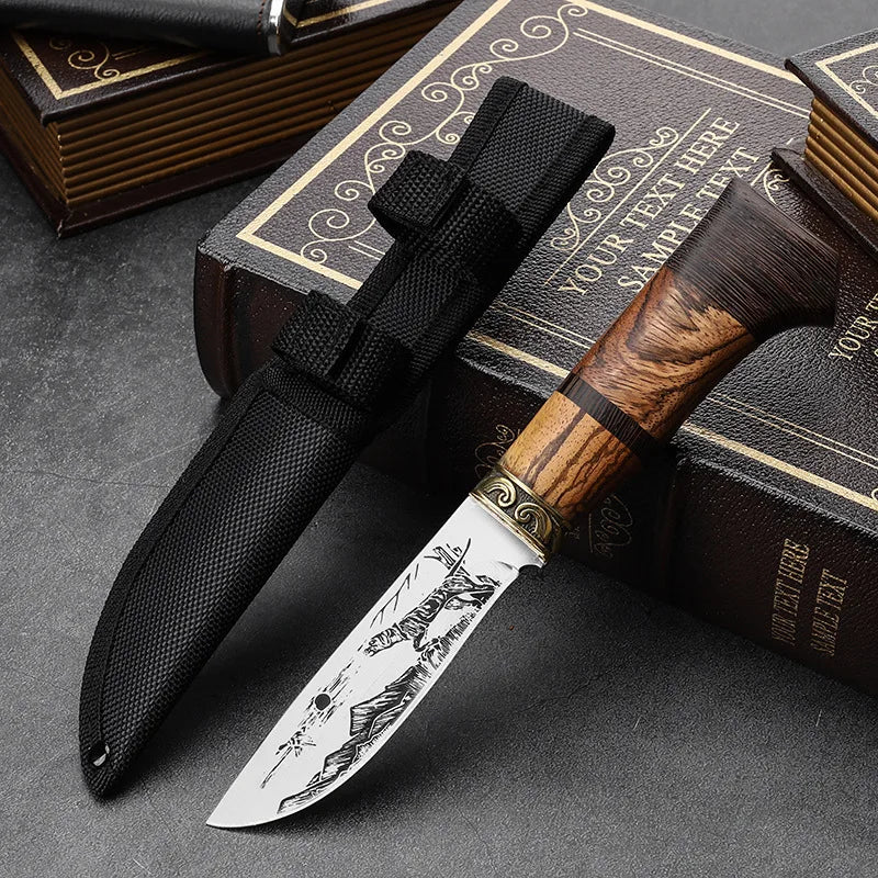 Outdoor Totem Small Straight Knife Carved Handle for BBQ & Camping