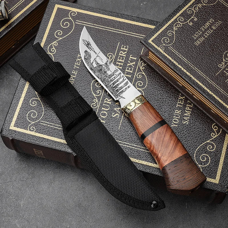 Outdoor Totem Small Straight Knife Carved Handle for BBQ & Camping