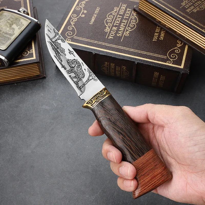 Outdoor Totem Small Straight Knife Carved Handle for BBQ & Camping