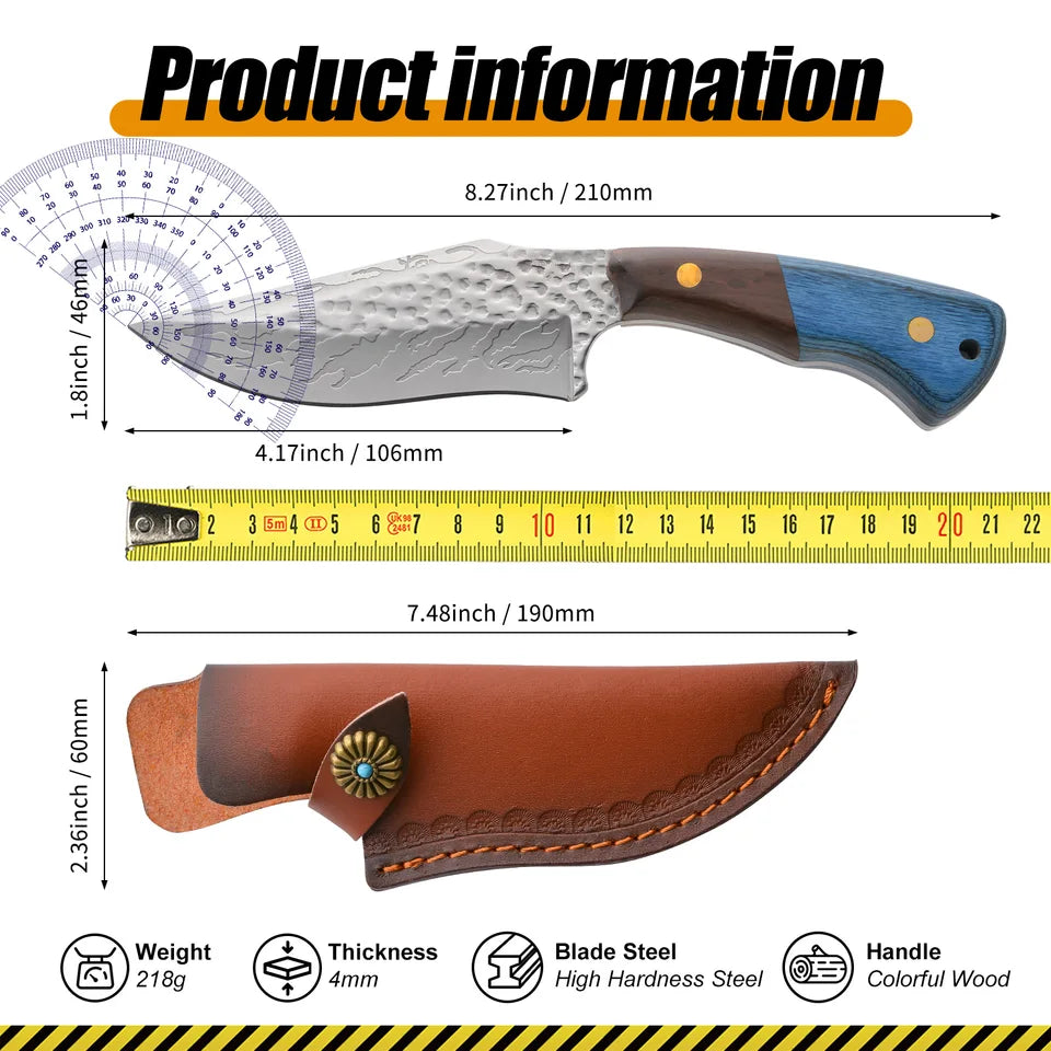 Damascus Forged Straight Knife with Leather Sheath Outdoor Multi Tool