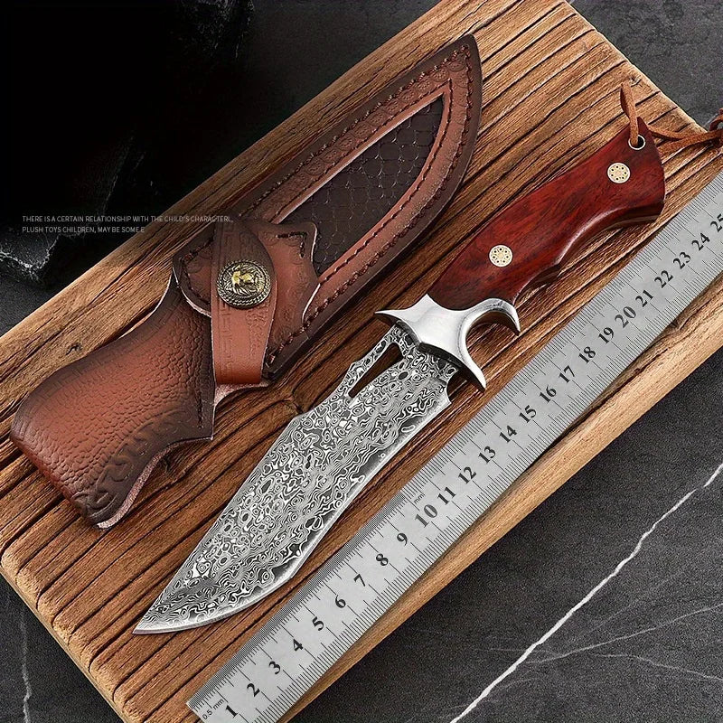 Large Handmade Damascus Fixed Blade Knife with Wood Handle & Sheath