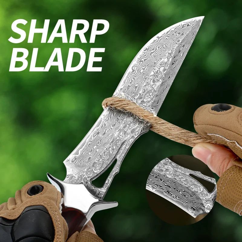 Large Handmade Damascus Fixed Blade Knife with Wood Handle & Sheath