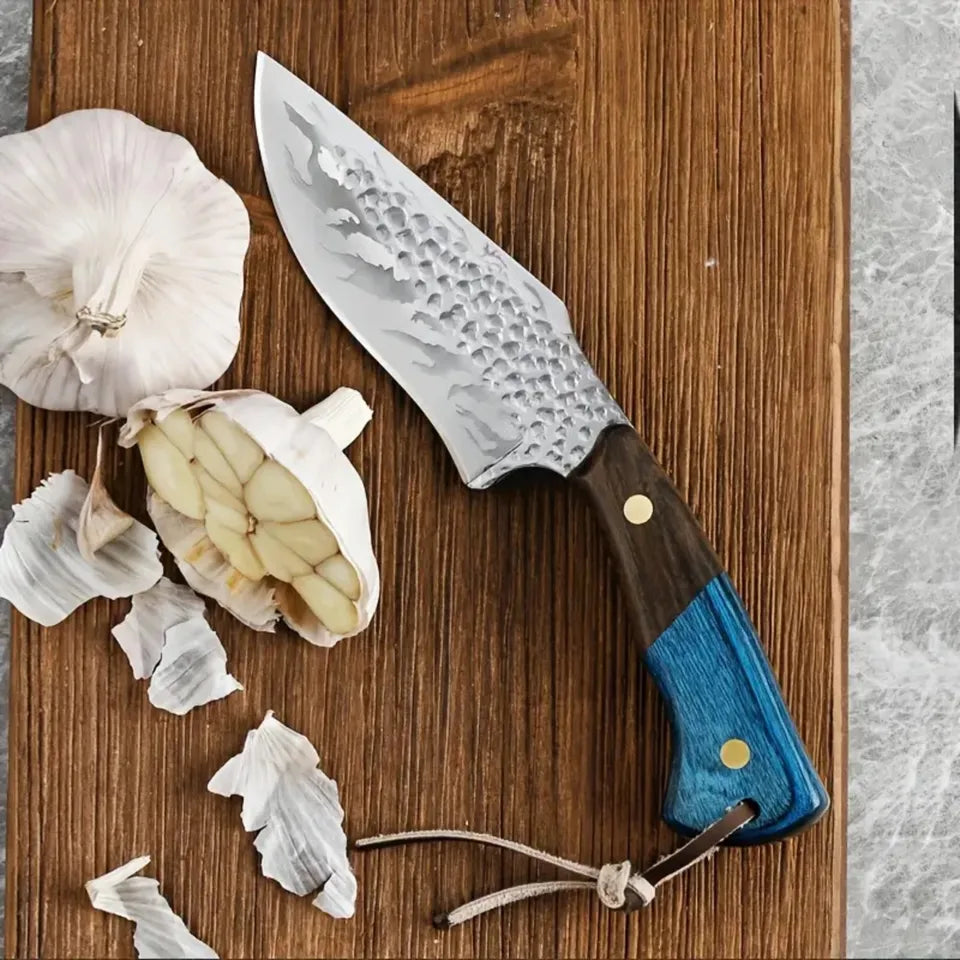 Damascus Forged Straight Knife with Leather Sheath Outdoor Multi Tool