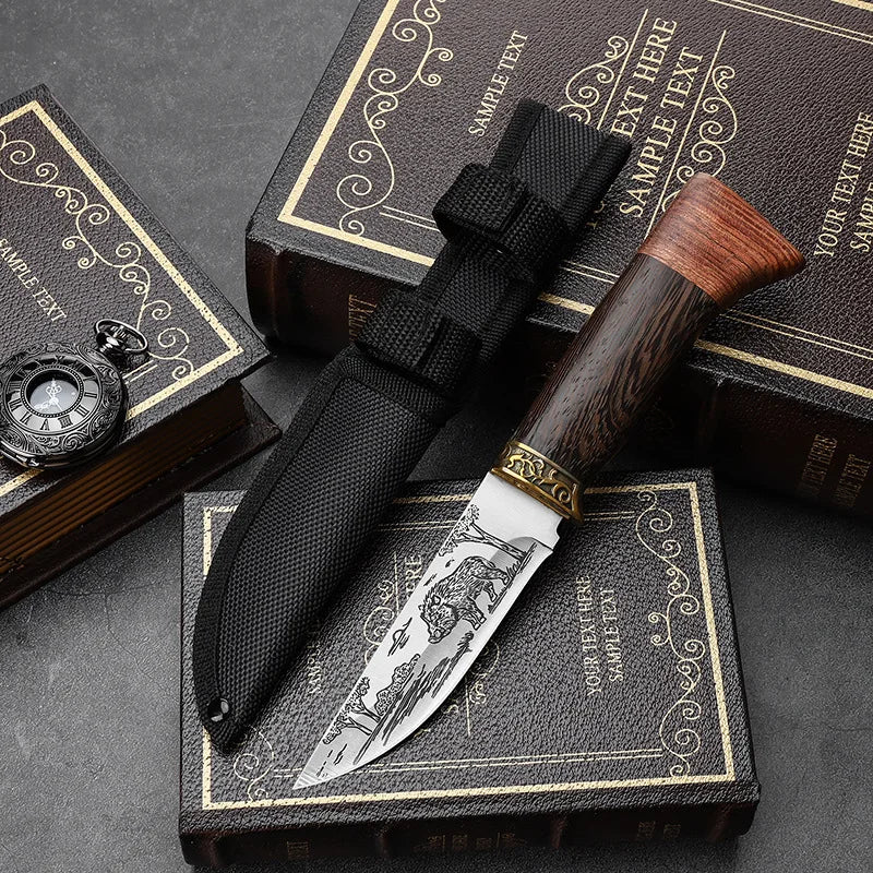 Outdoor Totem Small Straight Knife Carved Handle for BBQ & Camping