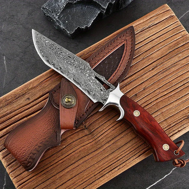 Large Handmade Damascus Fixed Blade Knife with Wood Handle & Sheath