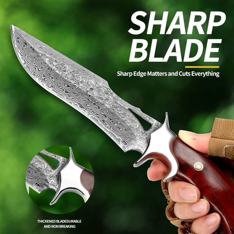 Large Handmade Damascus Fixed Blade Knife with Wood Handle & Sheath